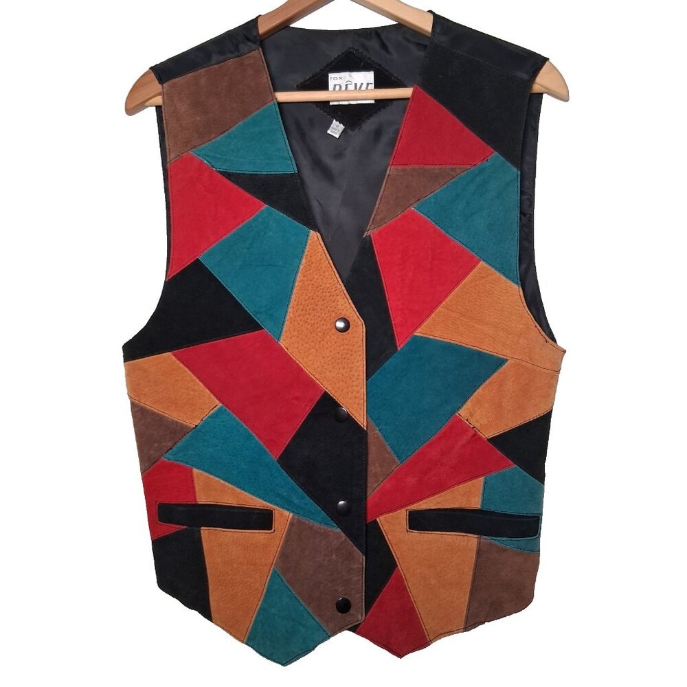 Vintage 1990s Ton Reve Vest Women Medium Suede Leather Patchwork Colorful Artsy